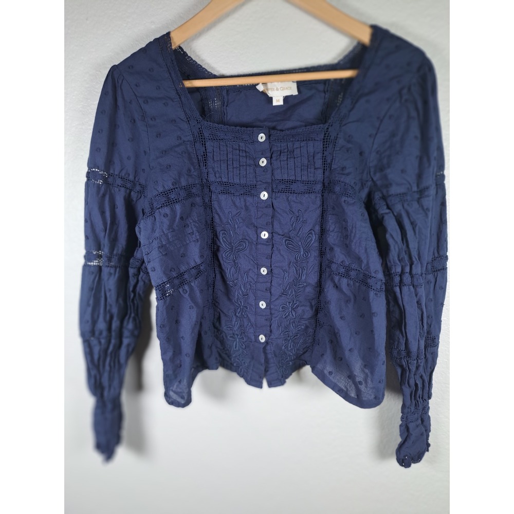 Jennifer & Grace Navy Blue Embroidered Lace Cotton Blouse Square Neck Medium